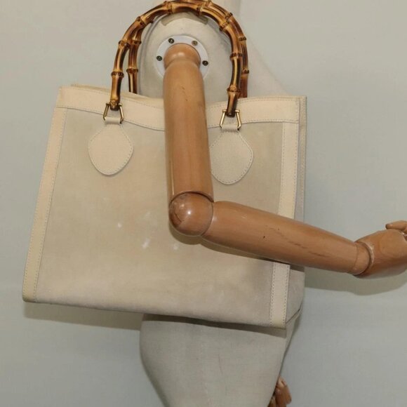 GUCCI Bamboo Hand Bag Suede Leather Ivory Gold - Picture 1 of 16
